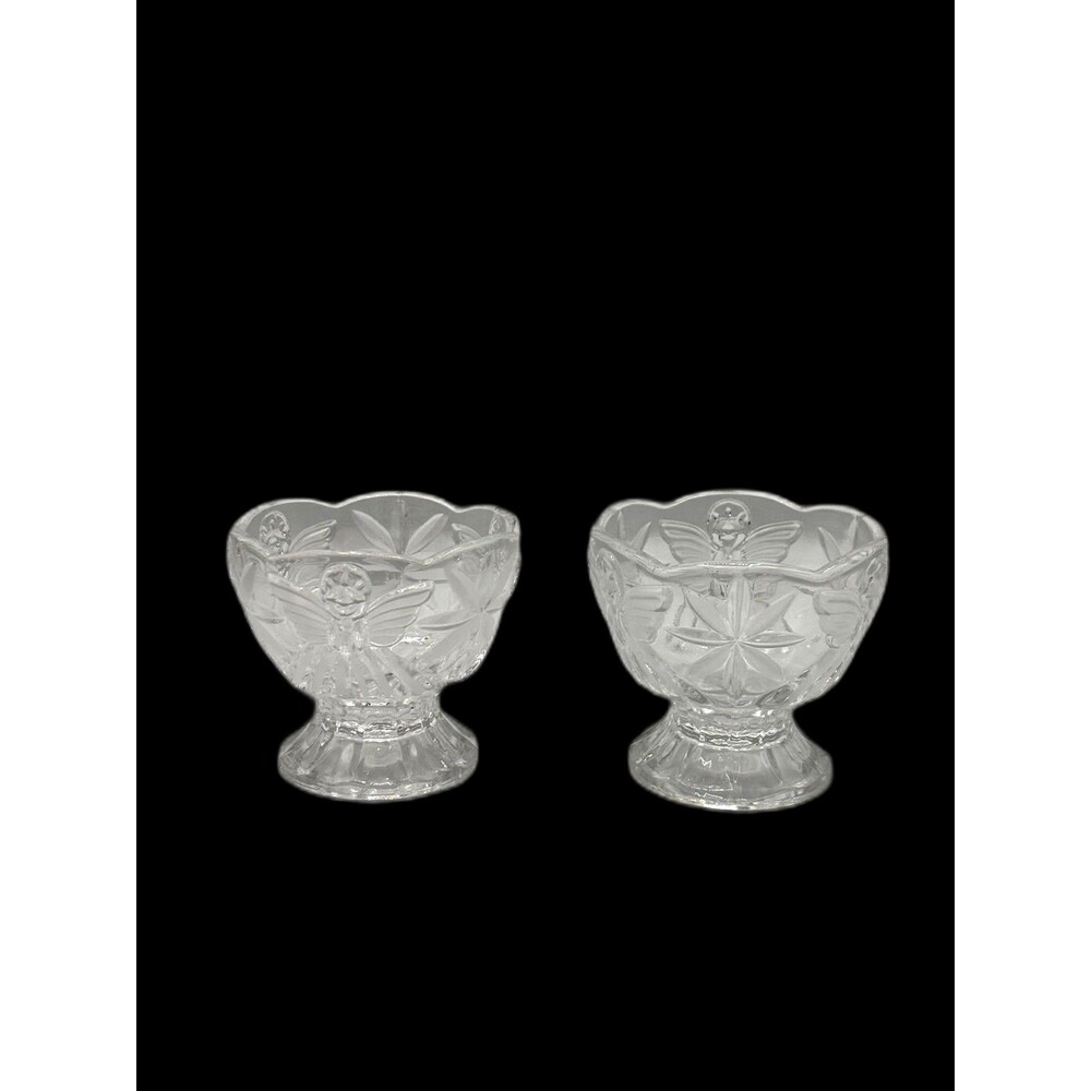 Vintage Pair Angel Of Peace Footed Crystal Etched Frosted Candy, Trinket, Candle